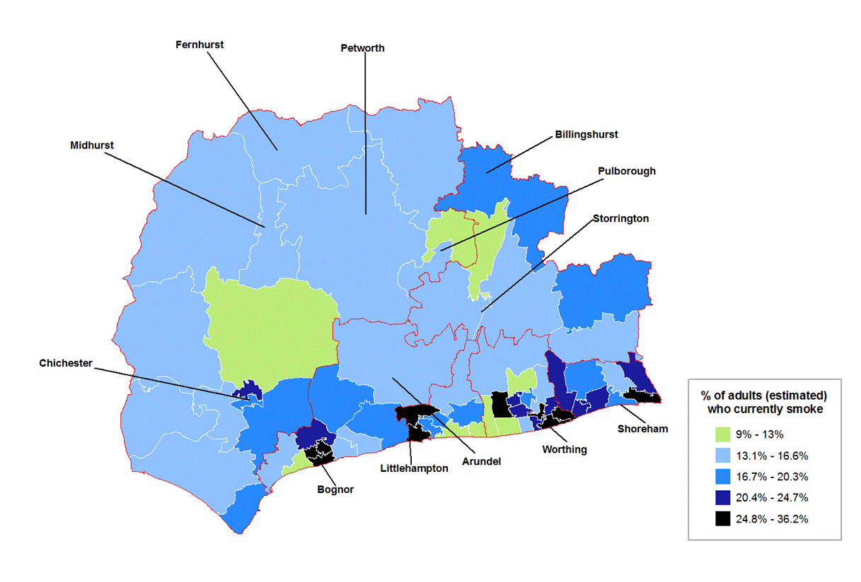 Modelled prevalence of smoking in 16+ year olds in West Sussex at MSOA level.