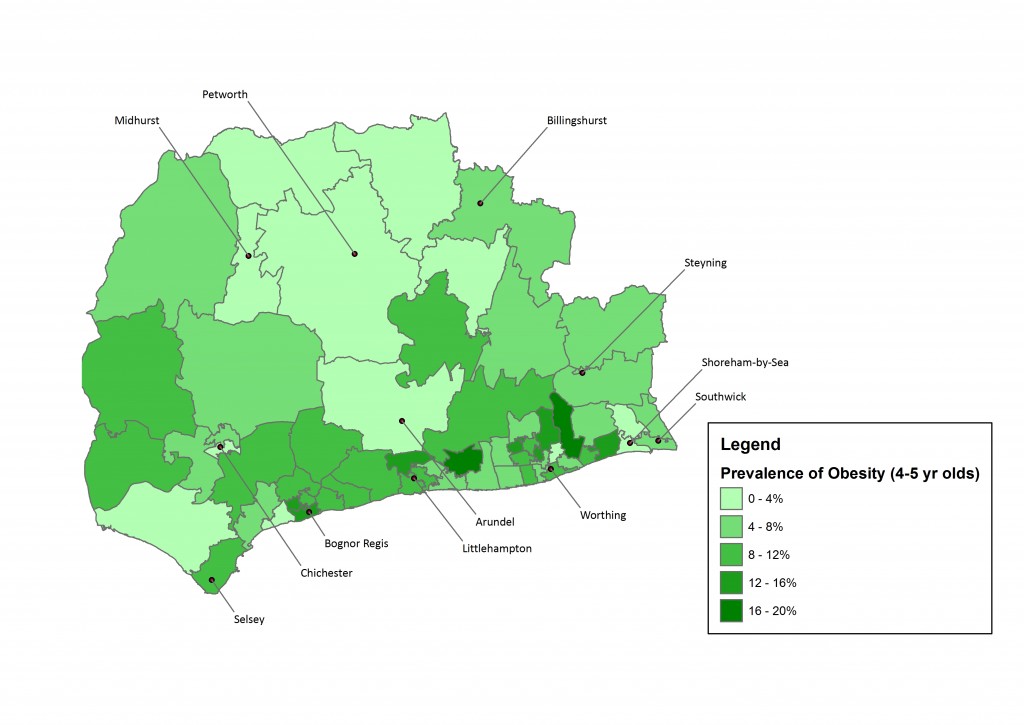 Prevalence of 4-5 year olds measured as obese (population definition) by resident middle-super output area (2014/15). Source: NCMP data.