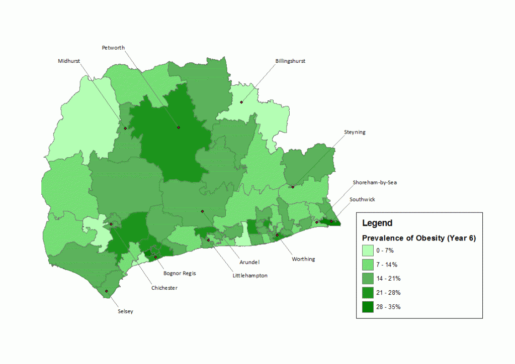 Prevalence of 10-11 year olds measured as obese (population definition) by resident middle-super output area (2014/15). Source: NCMP data.