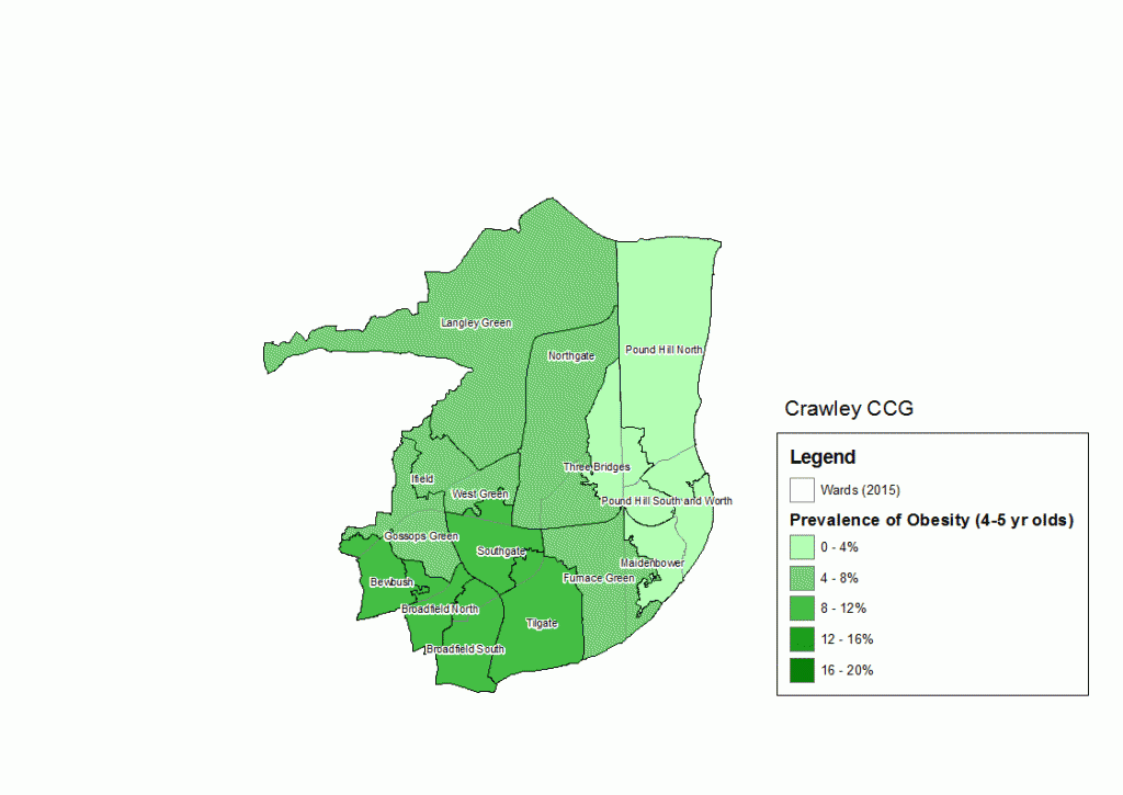 Prevalence of 4-5 year olds measured as obese (population definition) by resident middle-super output area (2014/15). Source: NCMP data.