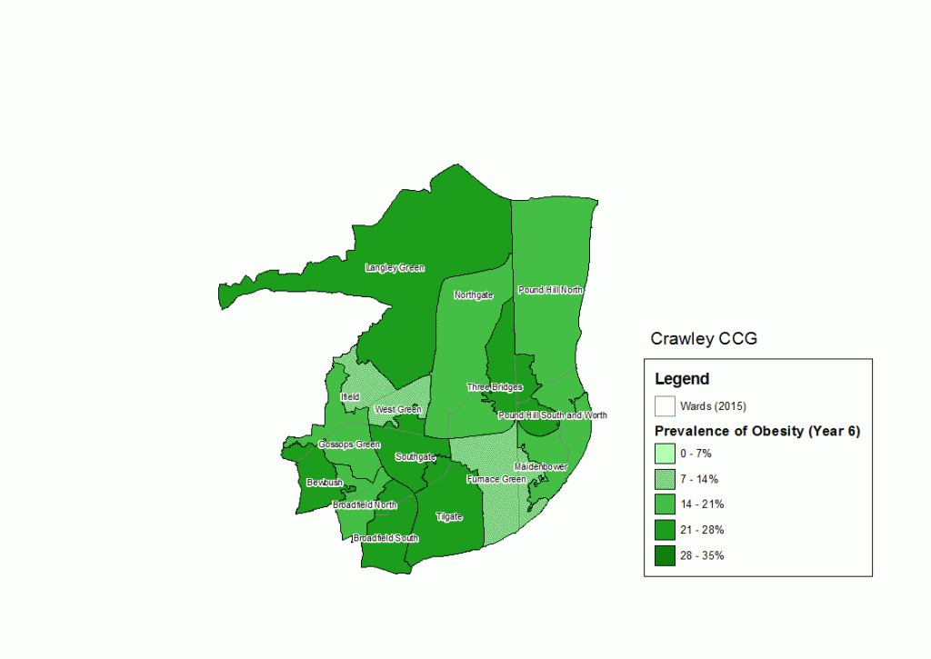 Prevalence of 10-11 year olds measured as obese (population definition) by resident middle-super output area (2014/15). Source: NCMP data.