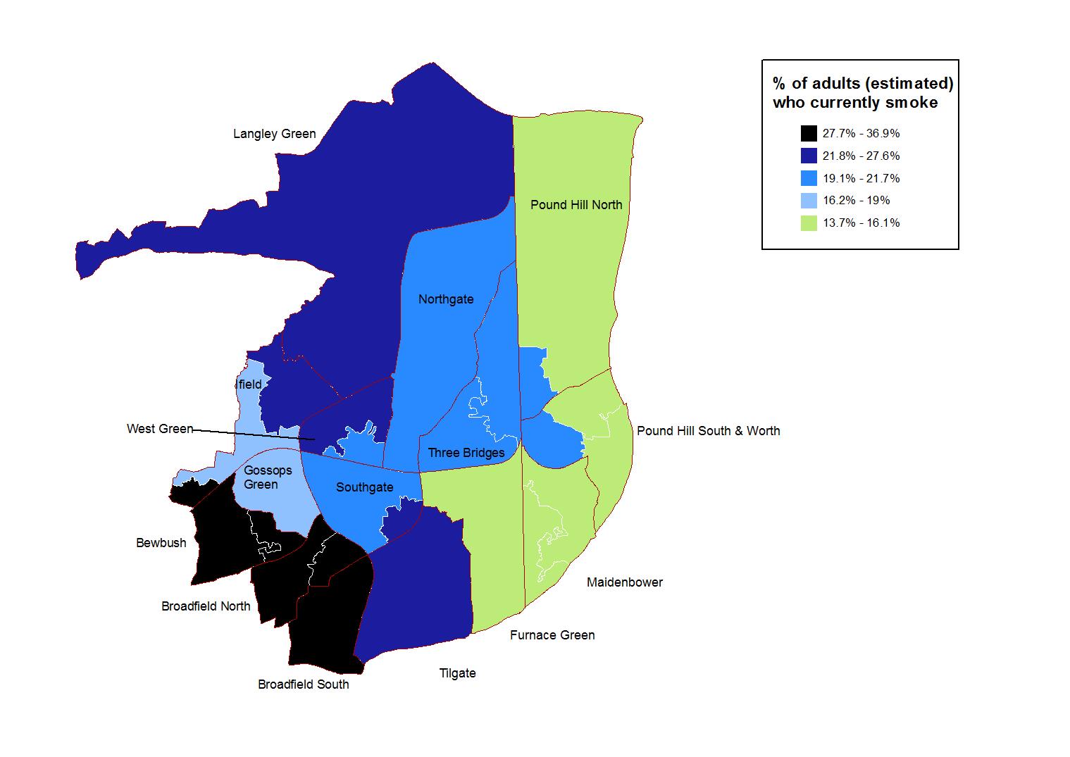 Modelled prevalence of smoking in 16+ year olds in West Sussex at MSOA level.