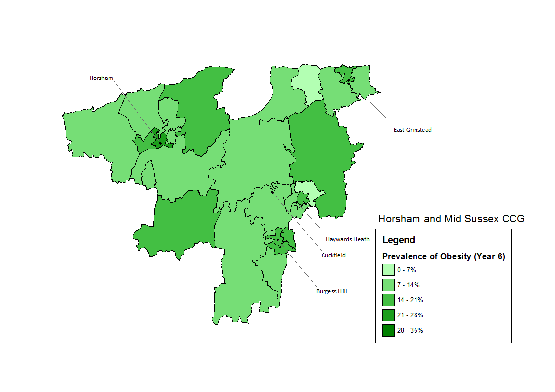 Prevalence of 10-11 year olds measured as obese (population definition) by resident middle-super output area (2014/15). Source: NCMP data.