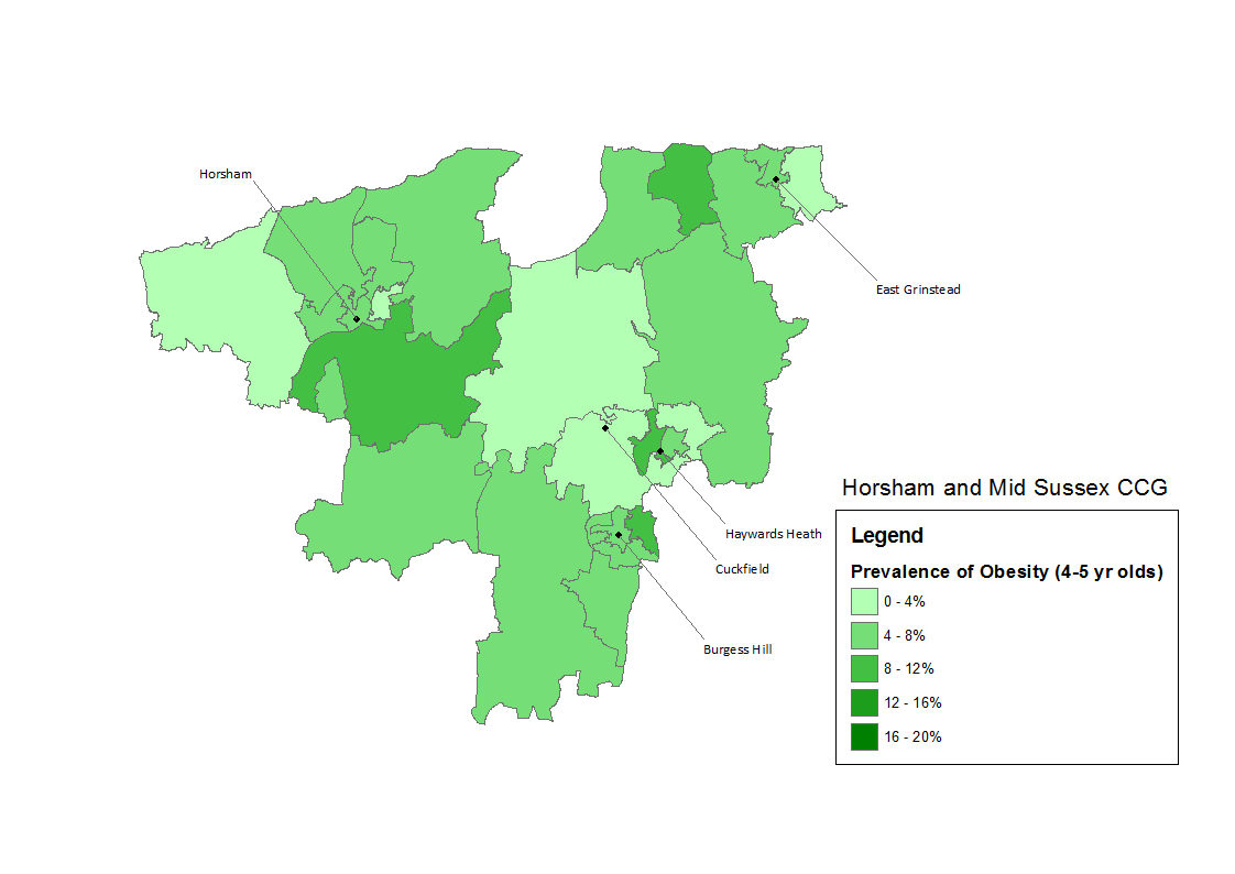 Prevalence of 4-5 year olds measured as obese (population definition) by resident middle-super output area (2014/15). Source: NCMP data.