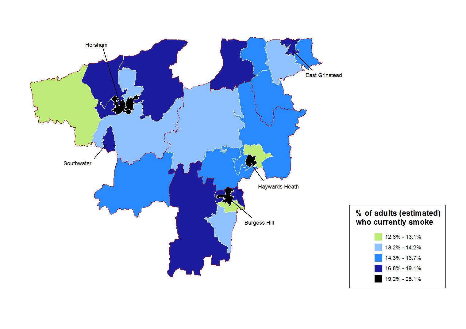 Modelled prevalence of smoking in 16+ year olds in West Sussex at MSOA level.